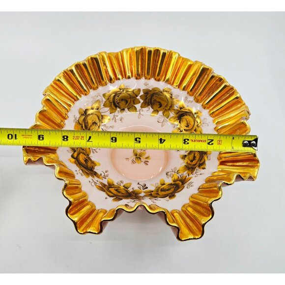 Victorian era Gold & White Hand-Painted Glass Bowl With Floral Design & Scallope - Picture 5 of 5